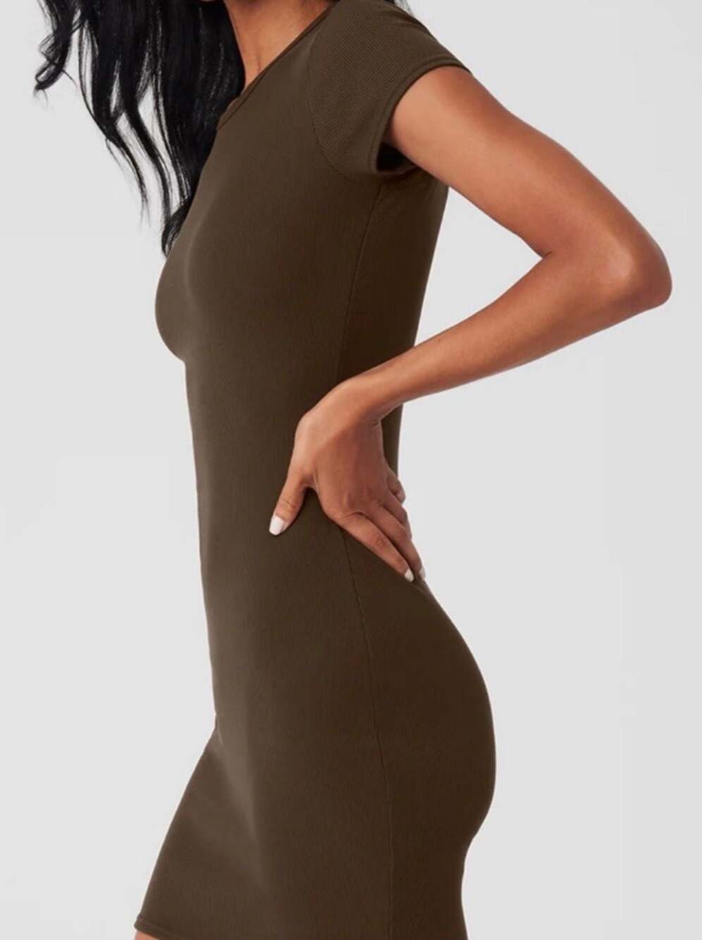 Alo Yoga Ribbed Short Sleeve Mini Dress Espresso Brown Size Small - Picture 2 of 6